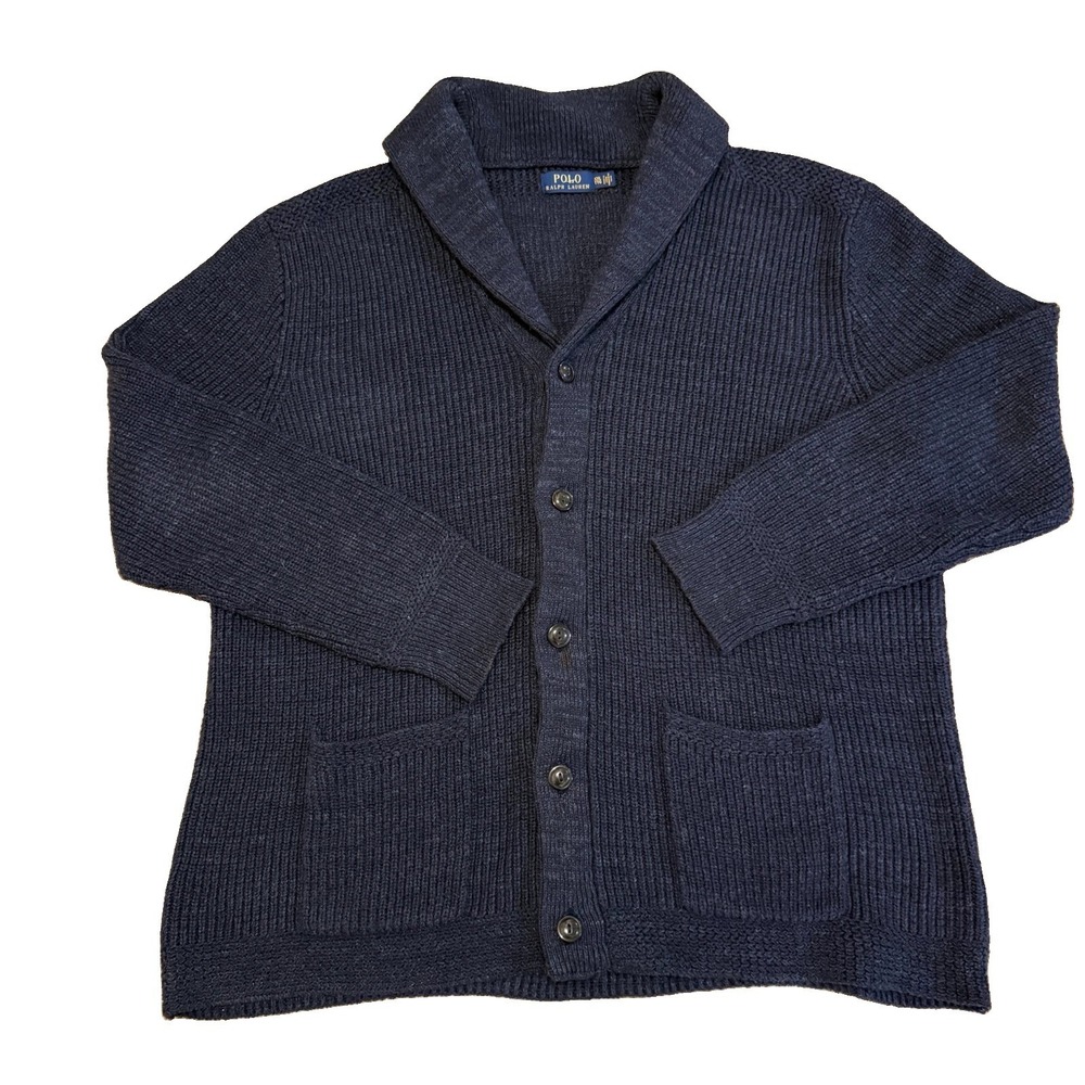 RARE Vintage Polo Ralph Lauren XXL Cotton Shawl Collar Cardigan Navy BOHO Chunky